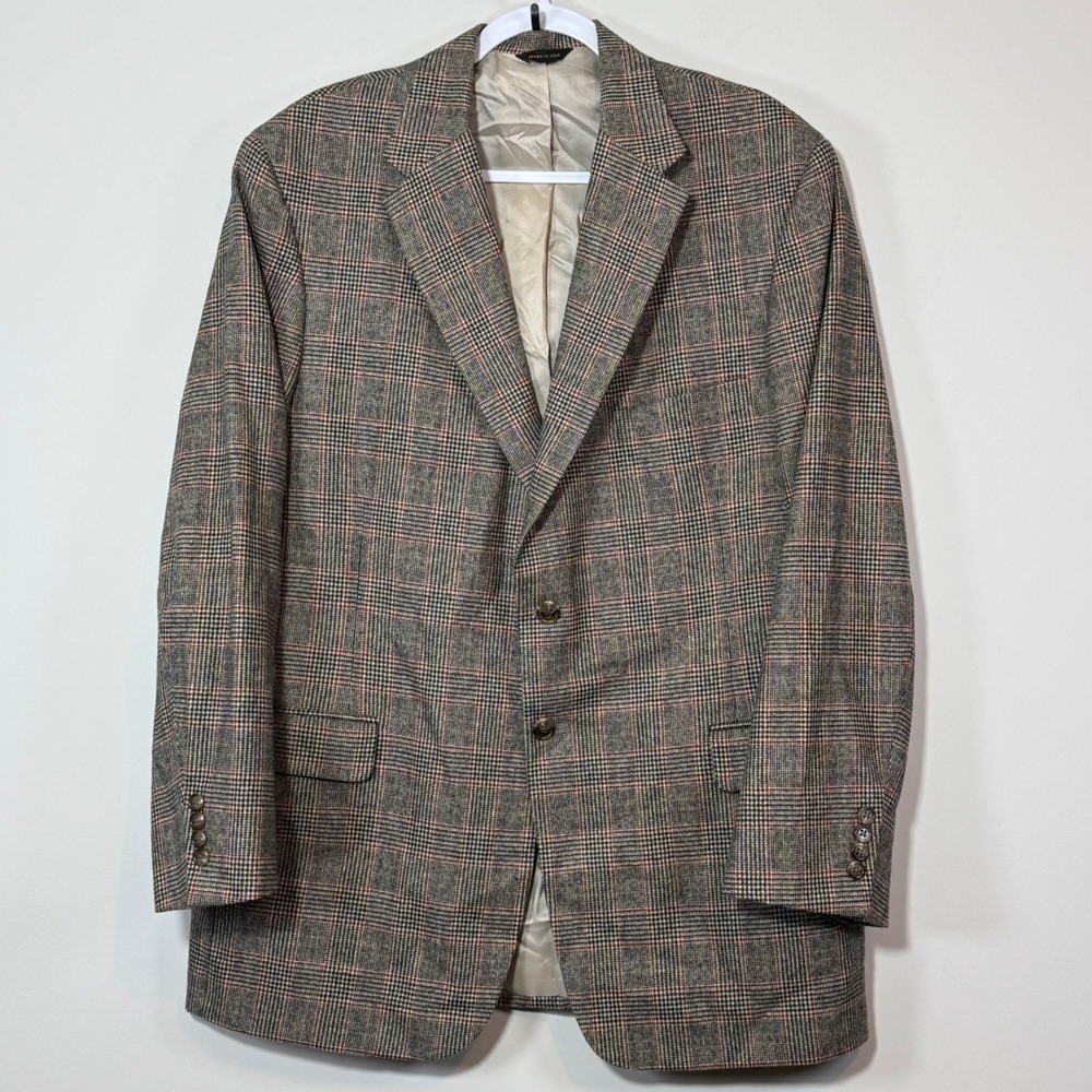 Excellent H. Freeman Blazer Mens 42R Grey Red Glen Plaid Excellent Hand Tailored